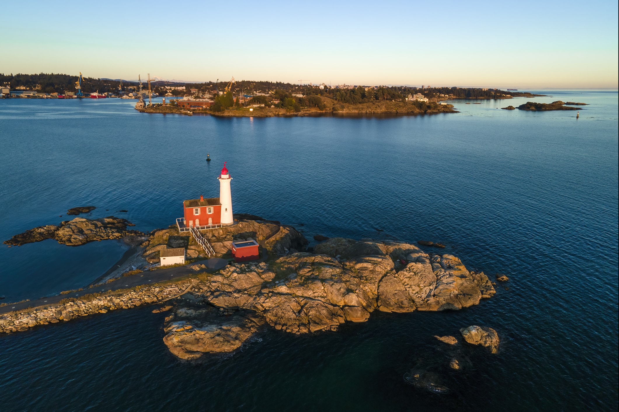 High angle shot of a Fisgard Lighthouse and Fort Rodd Hill in Colwood, Canada