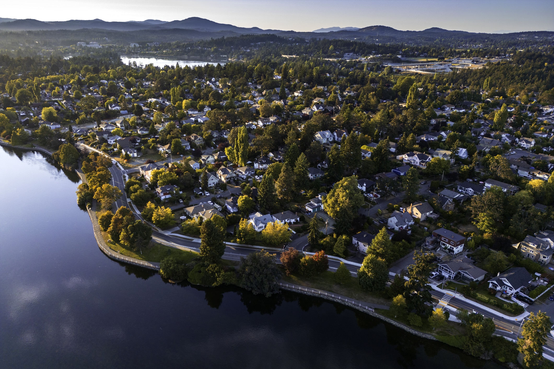 A scenic aerial view of the Gorge Waterway located in Victoria, British Columbia.